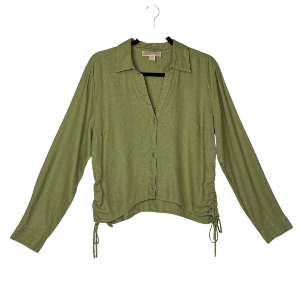 2025 Michael Michael Kors Womens Boxy Linen Blend Button Down Shirt Size L Green